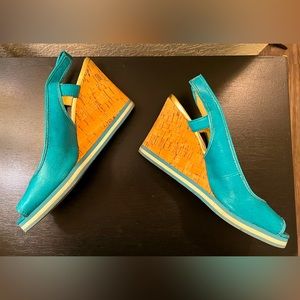 MK turquoise sling wedges